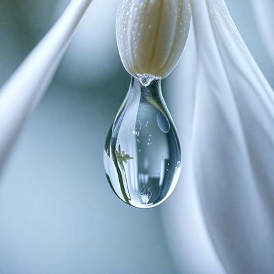 The primary subject of the image is a single drop of water hanging from a flower. The setting is a flower with a drop of water on it, and the visual style is a close-up of the flower. The colors and mood of the image are predominantly white, with the water drop and the flower creating a serene and peaceful atmosphere.